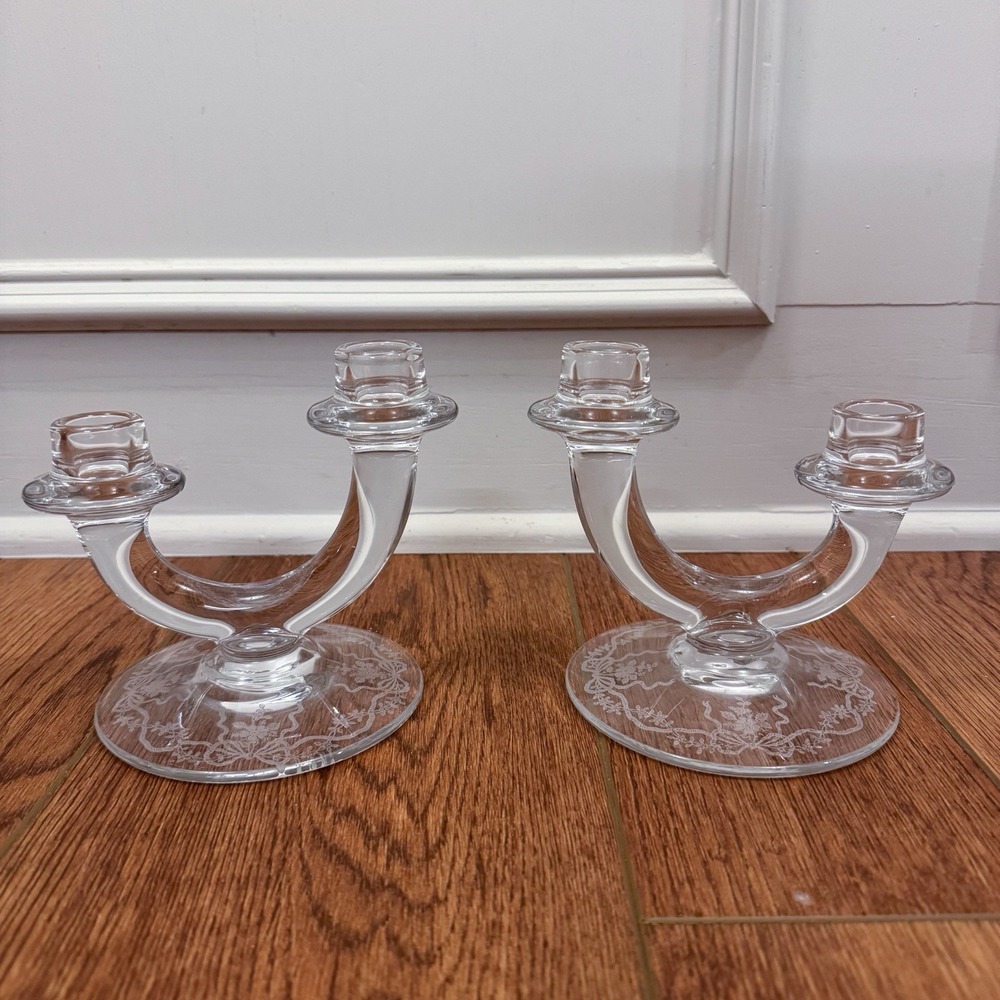 Vintage Fostoria Etched Romance Double Candle Holder 5.25" Set Of 2 Bows‎ Floral